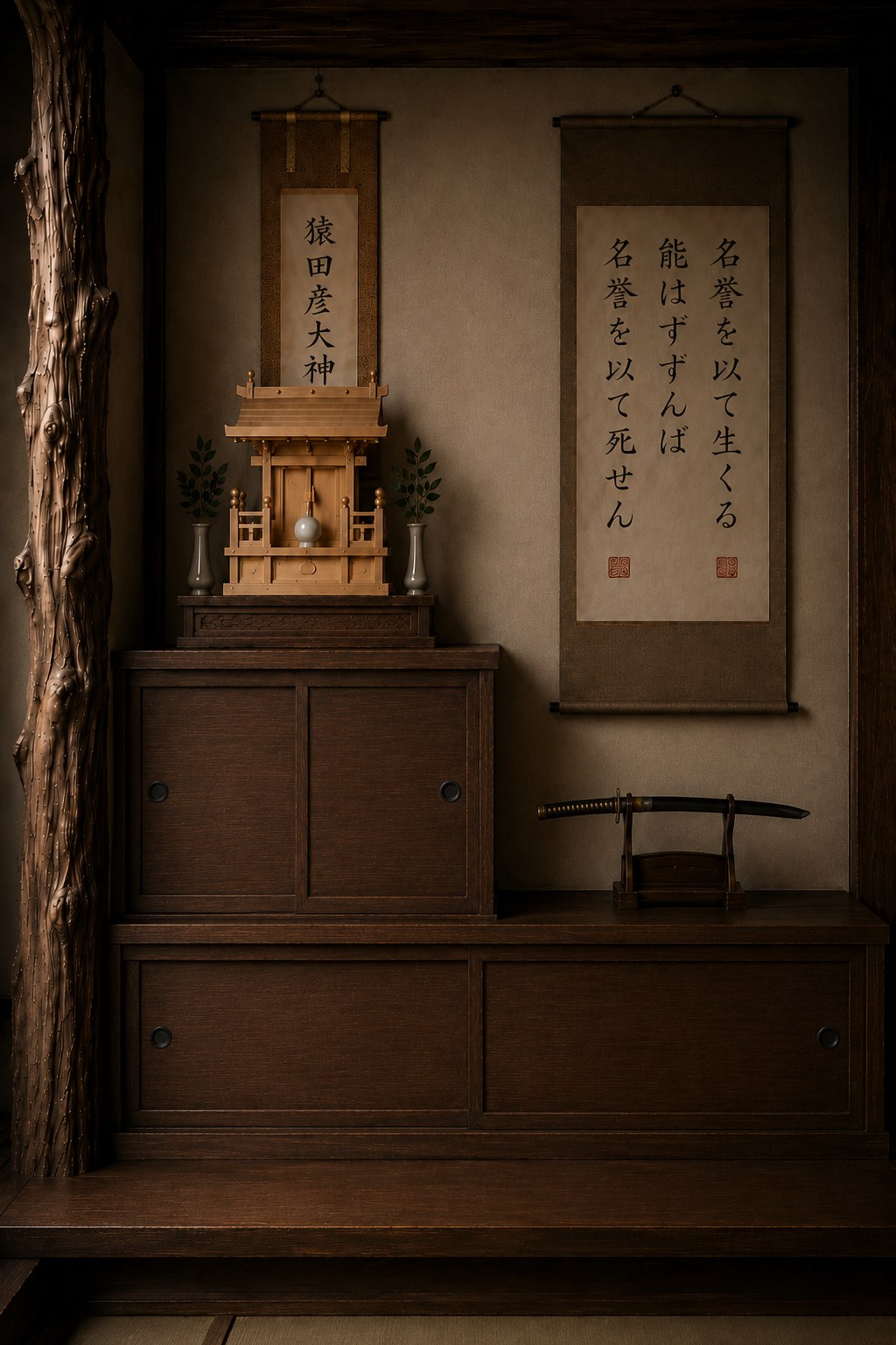 The shrine and tokonoma with a decorative sword
