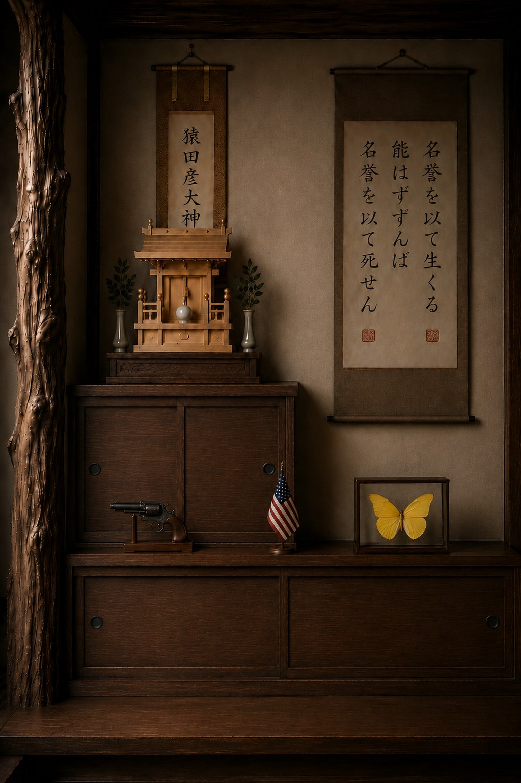 The shrine still in place; gun, flag and specimen below