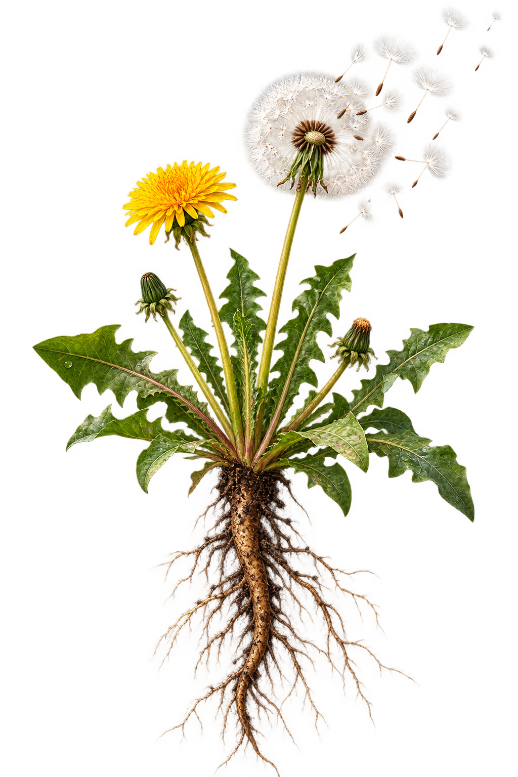 Dandelion: root, yellow bloom, white seed head
