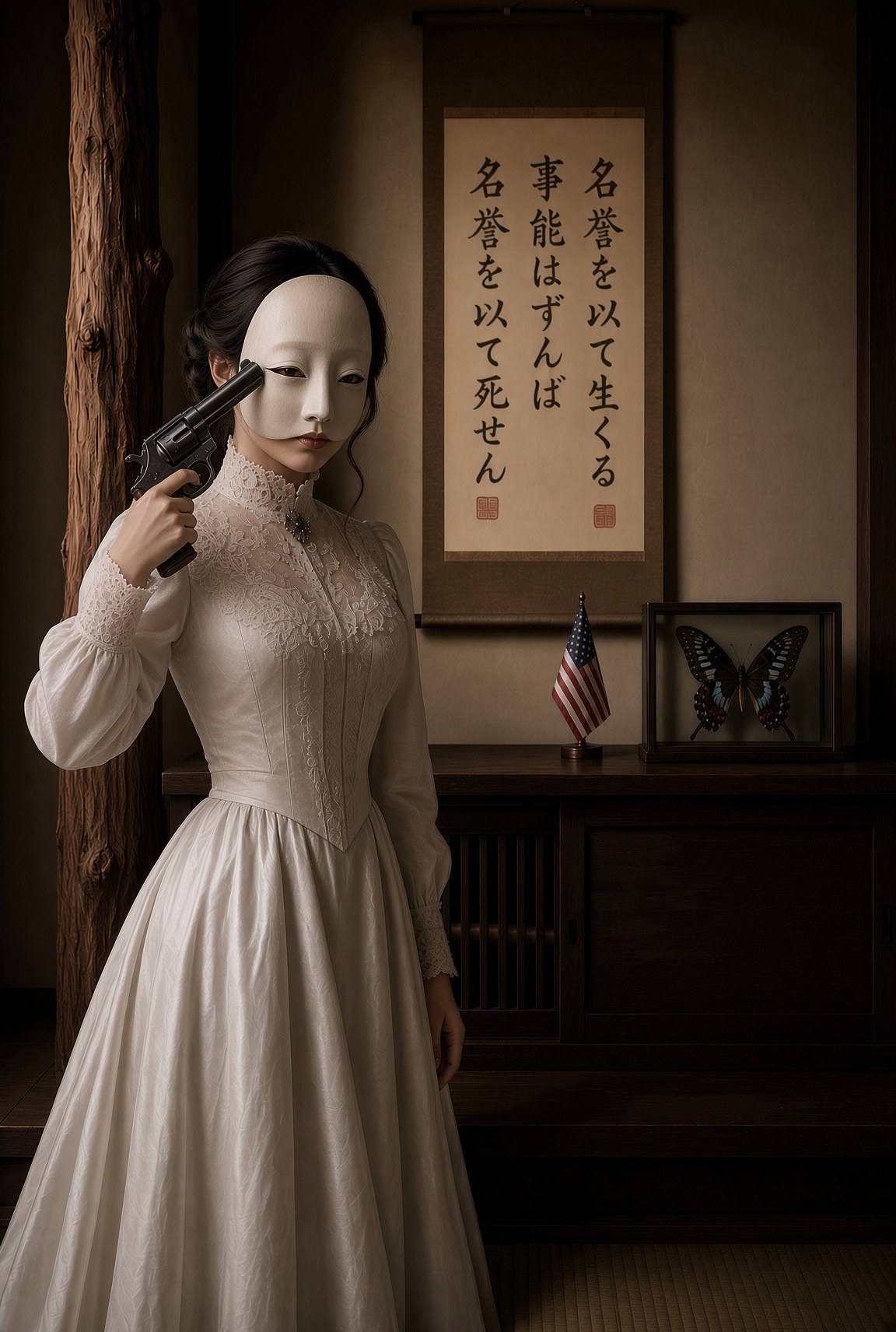 Cio-Cio in Western dress, mask in one hand, gun in the other