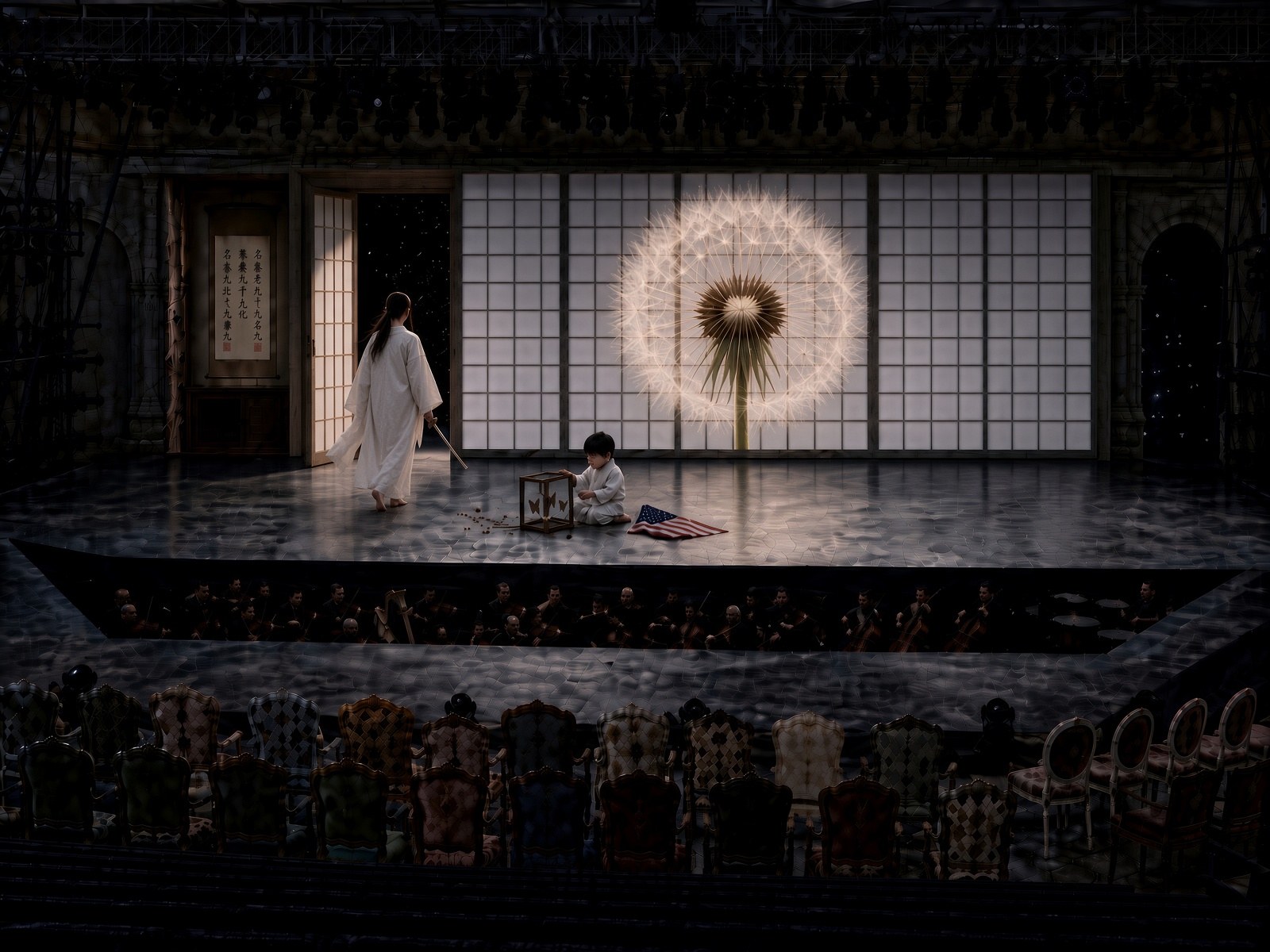 Cio-Cio goes into her room with the sword; the child with the broken specimen; a dandelion seedhead on the wall