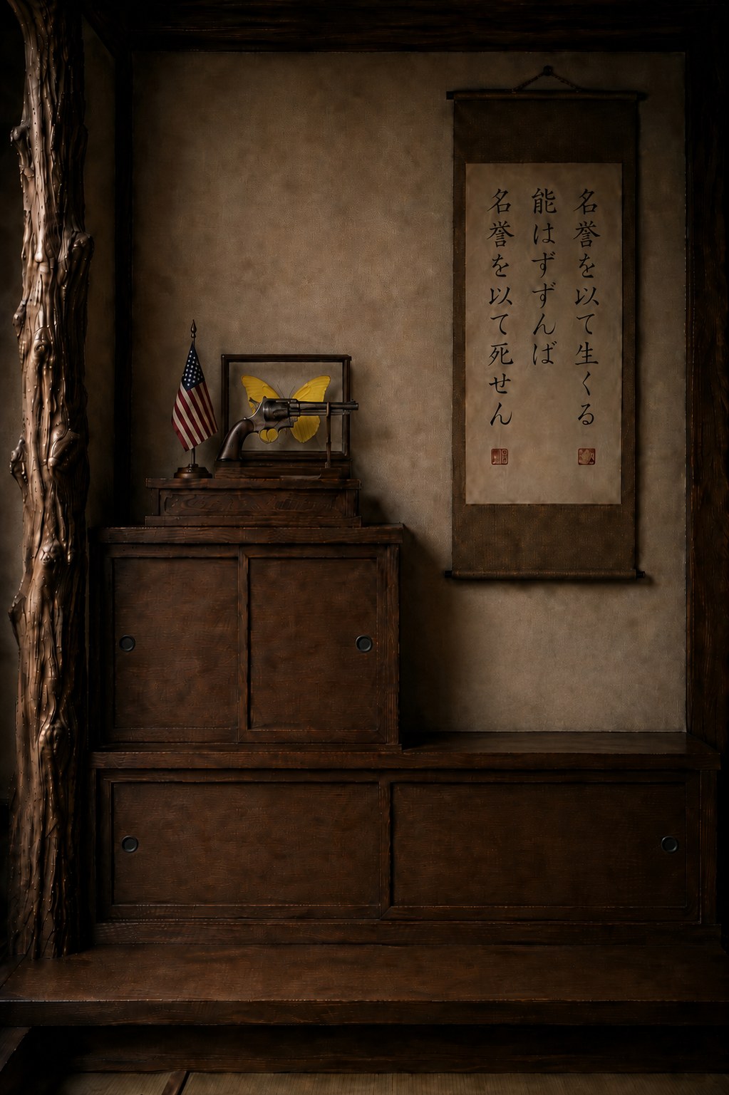 Night: gun, flag and specimen on the high place where the shrine stood
