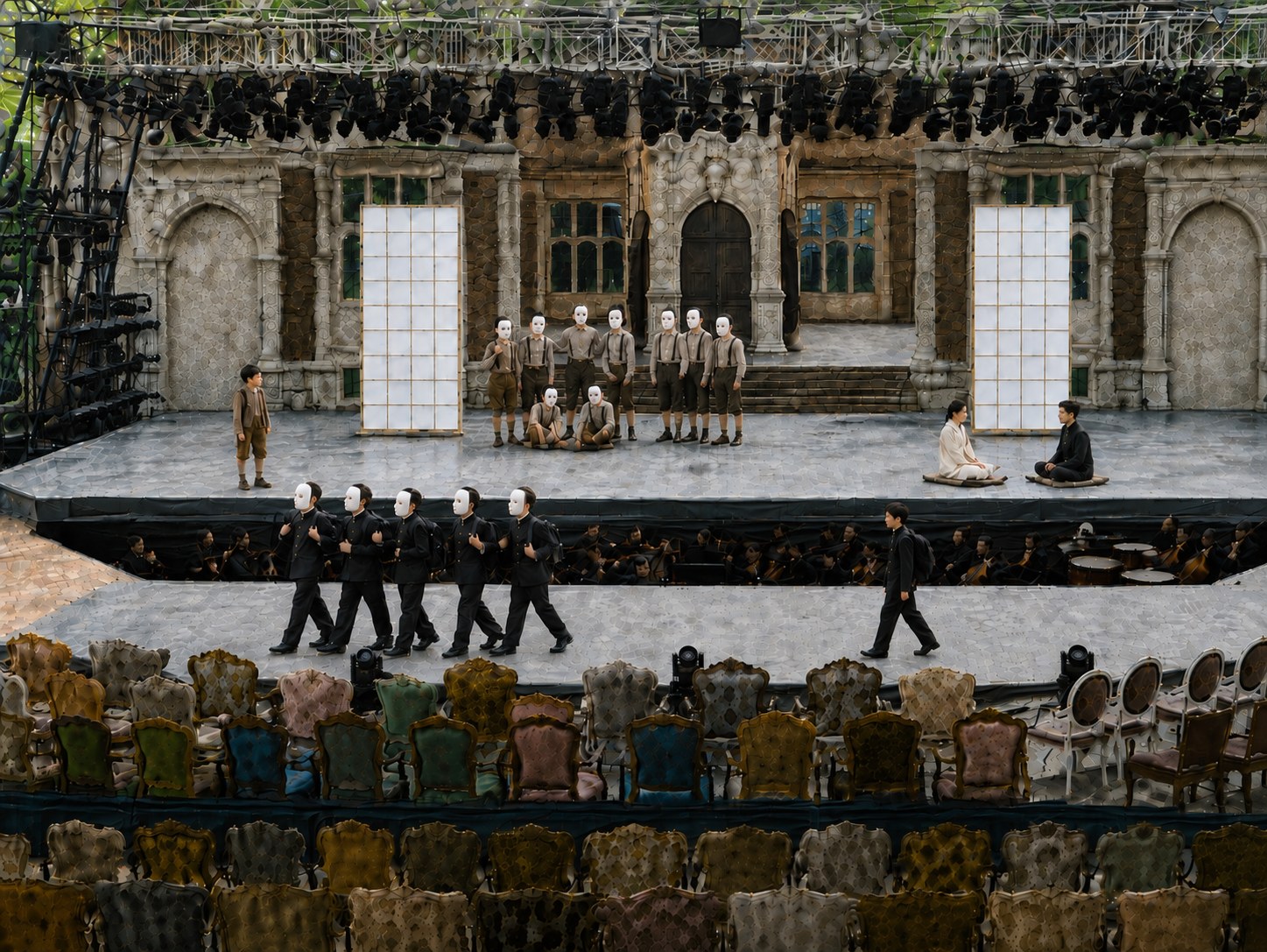 Prologue: masked children, Dolore apart, Suzuki and grown Dolore on the Holland Park stage