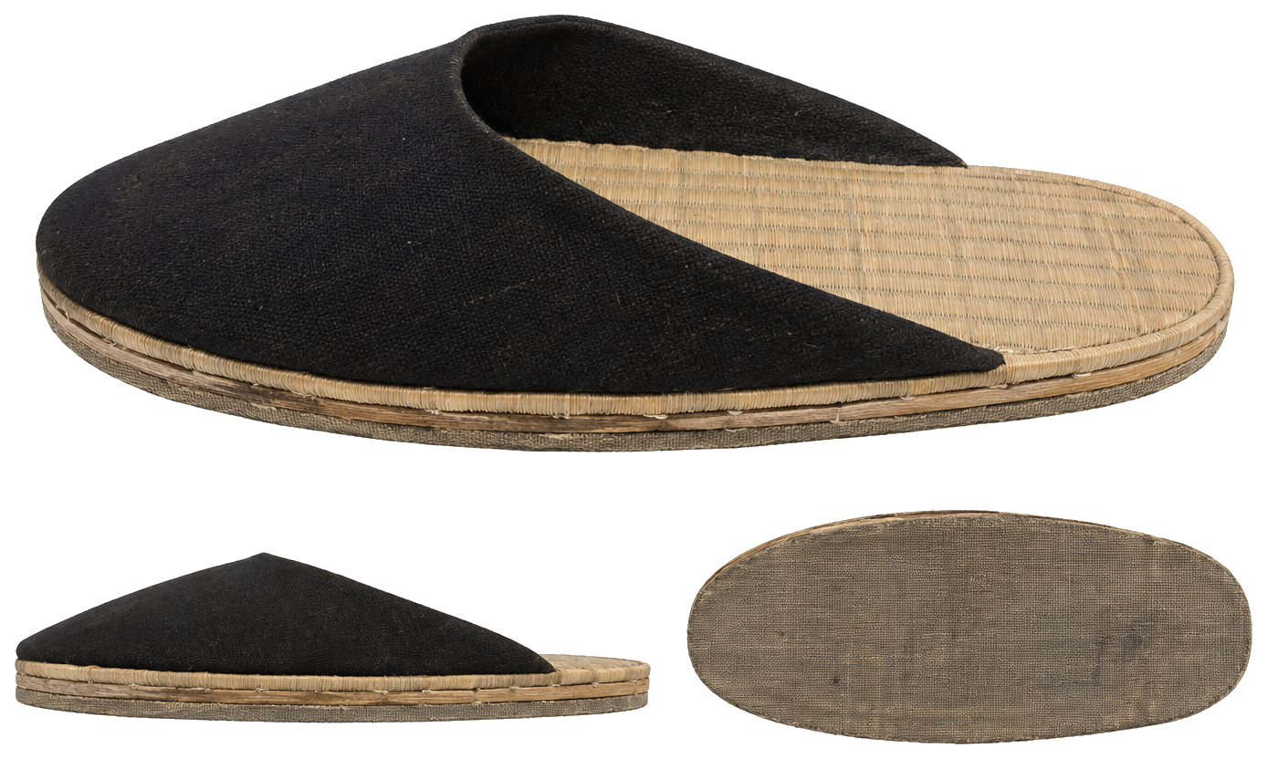 Black fabric slippers with tatami soles, three views