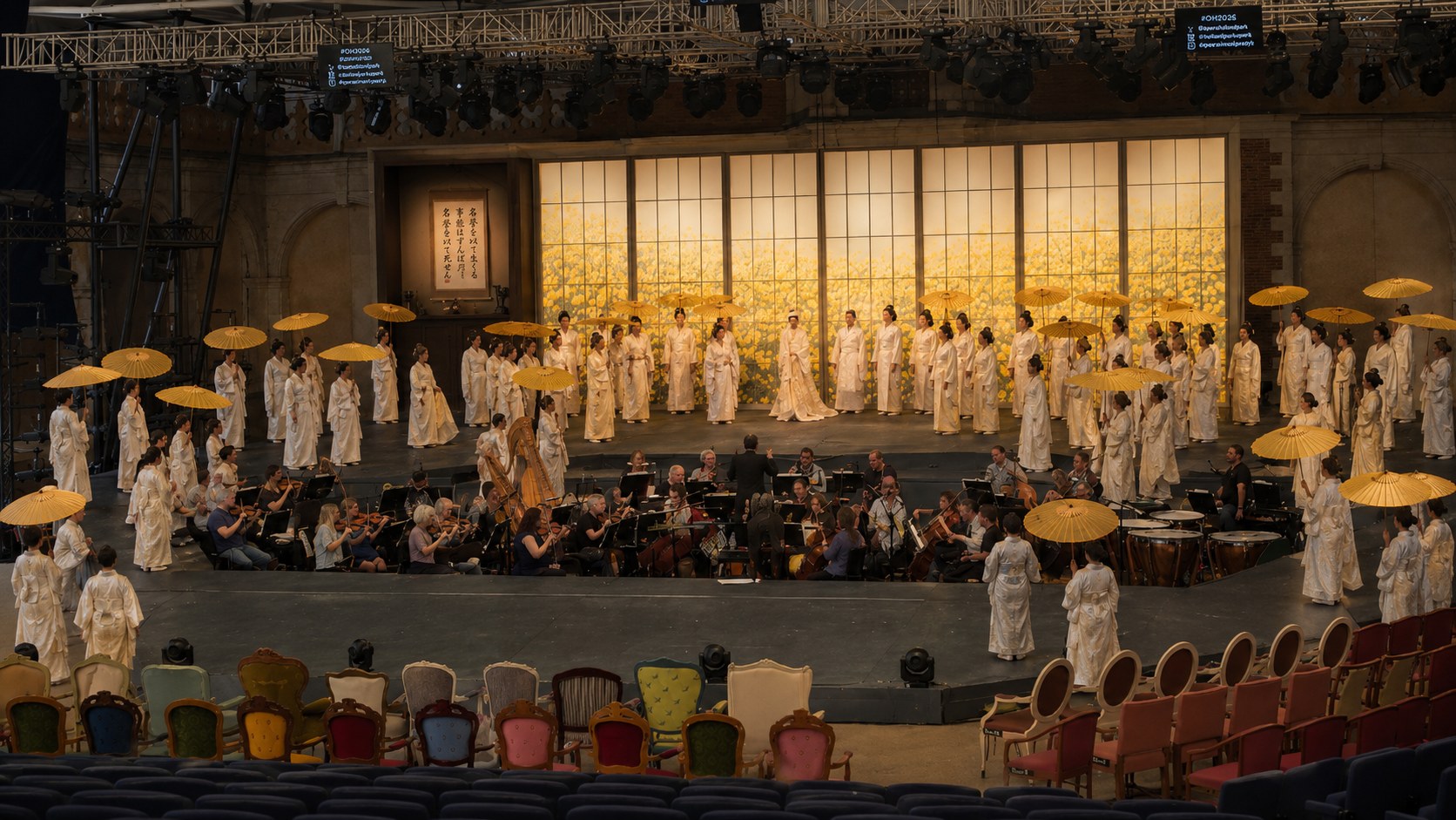 Wedding: yellow parasols, chorus in white, the house as a field of dandelions