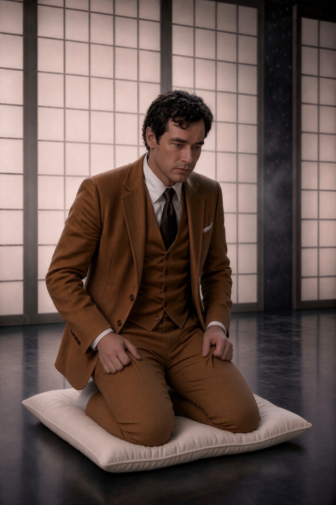 Yamadori kneeling in a Western suit, gathering the trousers at the knees